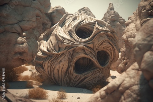 A surreal illustration of a distorted or manipulated natural object, such as a rock formation or tree trunk, Generative AI