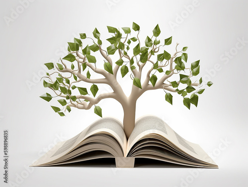 albero stilizzato fatto di foglie di libri, concetto di cultura e natura, letteratura, crescita formativa, illustrazione creata con intelligenza artificiale photo