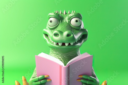 Crocodile Smiling Bookworm. Character Wearing Glasses And Reading A Book. Illustration Part Of Animals In Library Collection. Generative AI © Tamara