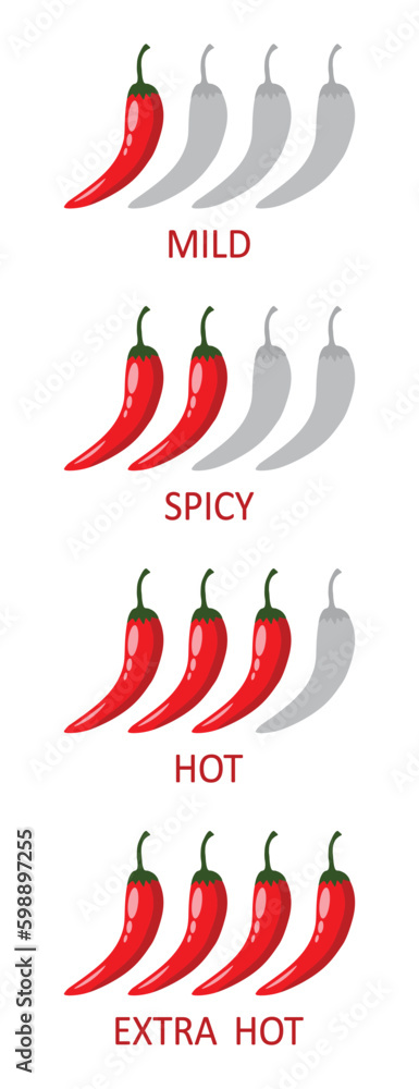 Pepper spice level. Red chili pepper. Spicy meter. Vector isolated illustration. Spicy chili pepper level labels. Vector spicy food mild, spicy,hot and extra hot ,sauce, chili pepper red icons. Pepper spice level. Red chili pepper. Spicy meter. Vector isolated illustration. Spicy chili pepper level labels. Vector spicy food mild, spicy,hot and extra hot ,sauce, chili pepper red icons.