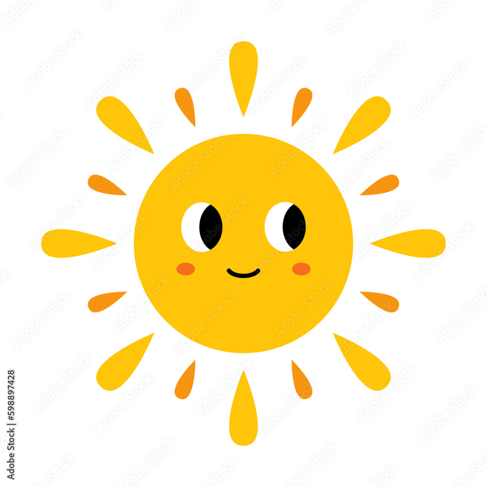 Vector cute sun with face. Funny smiling sun in flat design. Childish sunshine emoji. Baby sun with sunbeams.