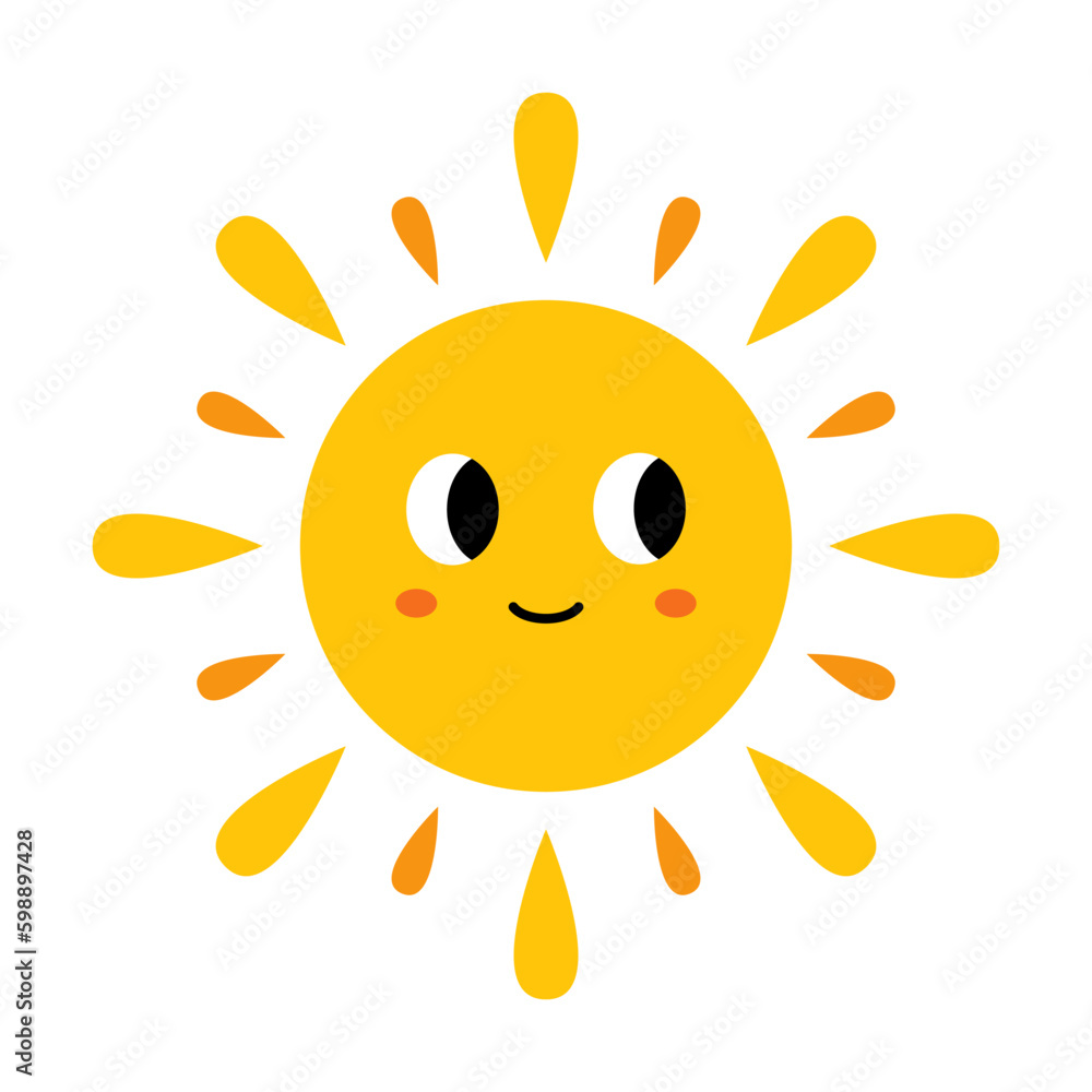 Vector cute sun with face. Funny smiling sun in flat design. Childish sunshine emoji. Baby sun with sunbeams. Vector cute sun with face. Funny smiling sun in flat design. Childish sunshine emoji. Baby sun with sunbeams.