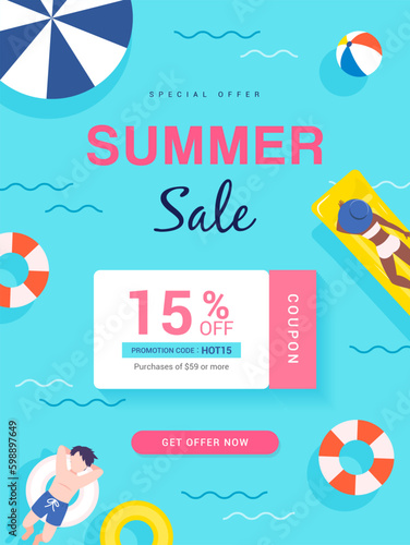 Summer Sale coupon template poster vector design. Pool party theme