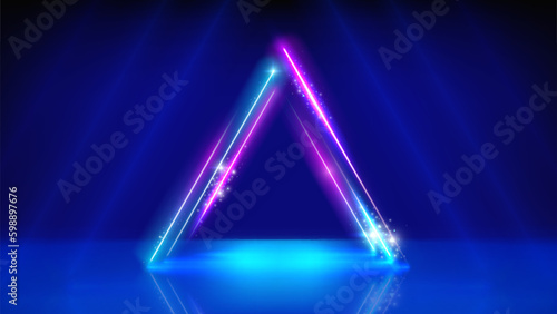 Neon triangular frame, led triangle arch, light lines. Glowing sparkling triangle. Stage. Background, backdrop for displaying products. Blue pink purple neon arch, frame. Vector illustration