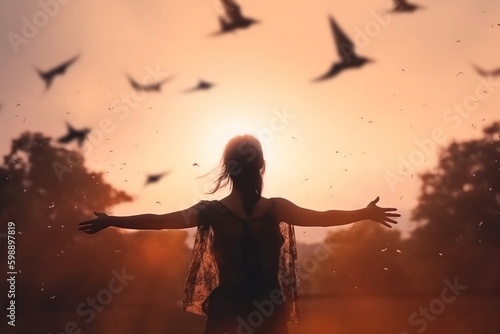 Double exposure. woman and free bird enjoying nature on sunset background, release, freedom, spiritual, free, independence, happy, pray, concept