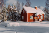 Red cabin in scandinavian forest