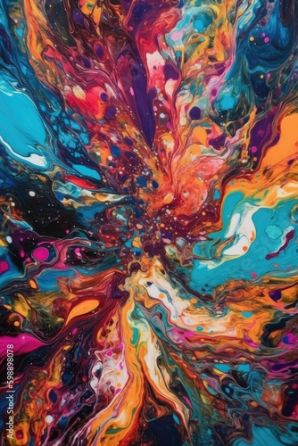 explosion fluid art that breaks down an abstract photograph composition  with vibrant colors  shades of pink  blue  purple  and yellow