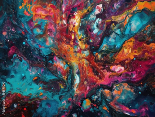 explosion fluid art that breaks down an abstract photograph composition  with vibrant colors  shades of pink  blue  purple  and yellow