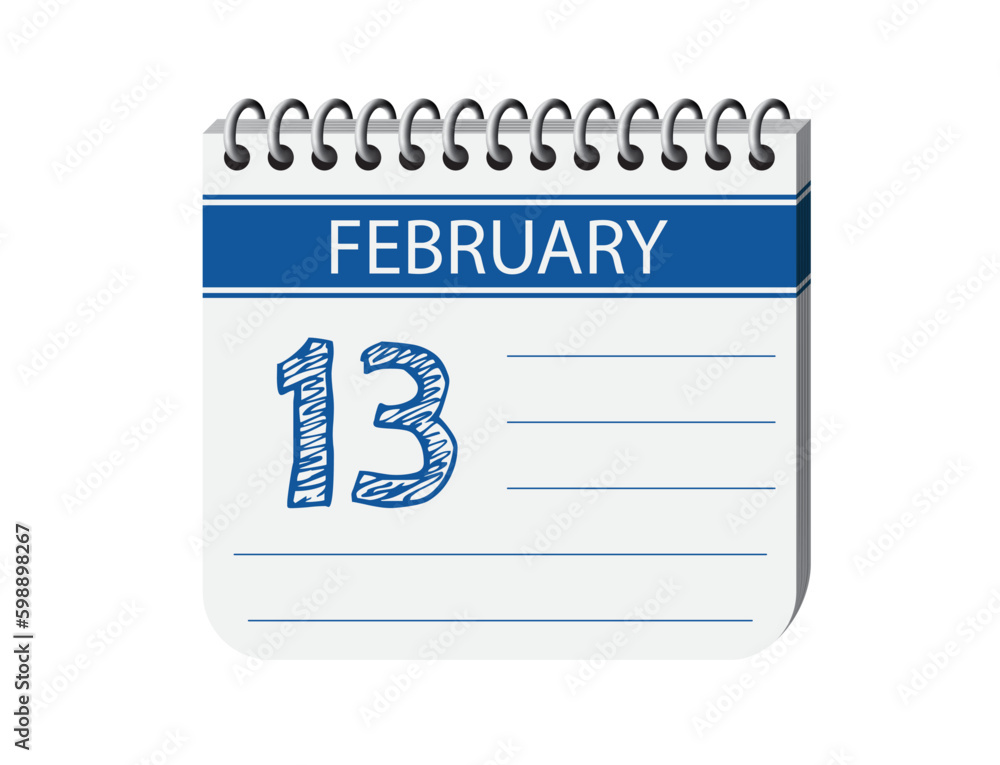 13 february one day notebook appointment calendar vector, place for text. Blue 3d one day appointment calendar illustration. Abstract three dimensional daily date appointment, agenda, event calendar. 13 february one day notebook appointment calendar vector, place for text. Blue 3d one day appointment calendar illustration. Abstract three dimensional daily date appointment, agenda, event calendar.