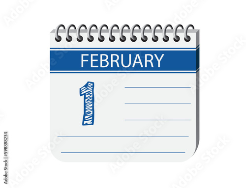 1 february one day notebook appointment calendar vector, place for text. Blue 3d one day appointment calendar illustration. Abstract three dimensional daily date appointment, agenda, event calendar. 