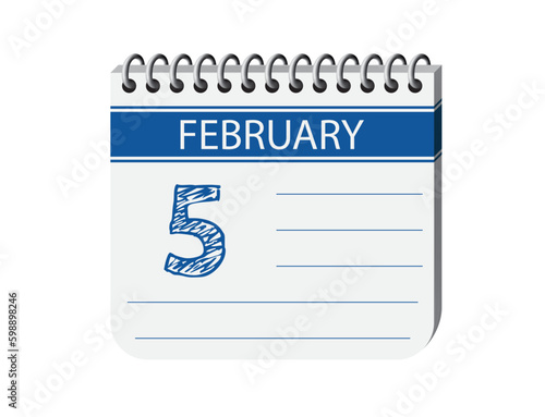5 february one day notebook appointment calendar vector, place for text. Blue 3d one day appointment calendar illustration. Abstract three dimensional daily date appointment, agenda, event calendar. 