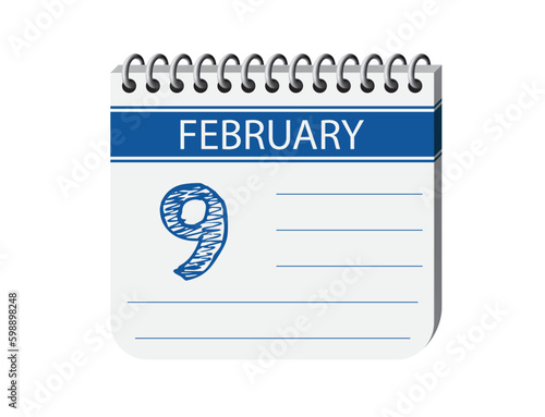 9 february one day notebook appointment calendar vector, place for text. Blue 3d one day appointment calendar illustration. Abstract three dimensional daily date appointment, agenda, event calendar. 