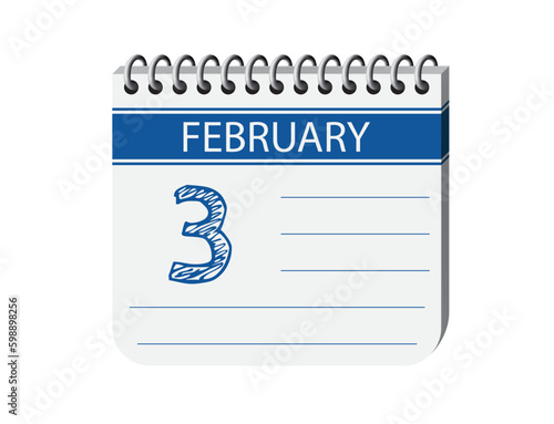 3 february one day notebook appointment calendar vector, place for text. Blue 3d one day appointment calendar illustration. Abstract three dimensional daily date appointment, agenda, event calendar. 