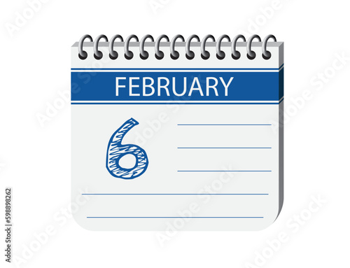 6 february one day notebook appointment calendar vector, place for text. Blue 3d one day appointment calendar illustration. Abstract three dimensional daily date appointment, agenda, event calendar. 