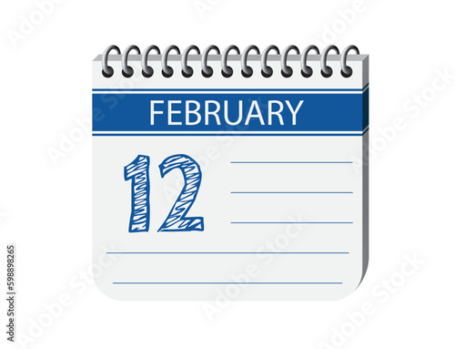 12 february one day notebook appointment calendar vector, place for text. Blue 3d one day appointment calendar illustration. Abstract three dimensional daily date appointment, agenda, event calendar. 