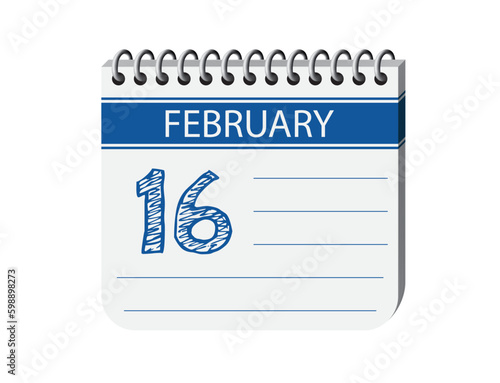 16 february one day notebook appointment calendar vector, place for text. Blue 3d one day appointment calendar illustration. Abstract three dimensional daily date appointment, agenda, event calendar. 