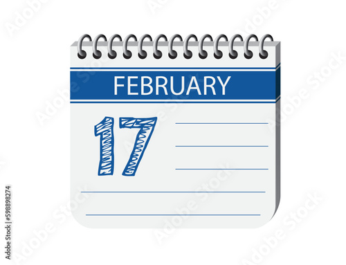 17 february one day notebook appointment calendar vector, place for text. Blue 3d one day appointment calendar illustration. Abstract three dimensional daily date appointment, agenda, event calendar. 