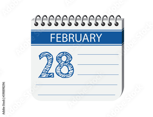 28 february one day notebook appointment calendar vector, place for text. Blue 3d one day appointment calendar illustration. Abstract three dimensional daily date appointment, agenda, event calendar. 