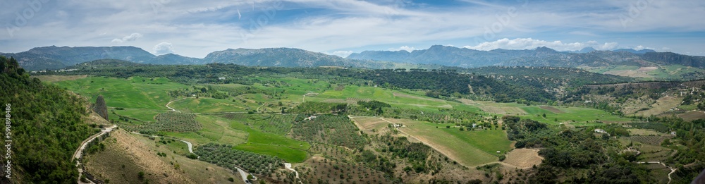 Panoramic view on the pastures and landscape in Ronda, Andalusia surroundings.