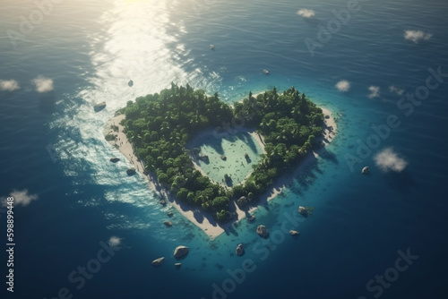 Travel, vacation and leisure concept. Tropical island in the shape of a heart in the middle of the ocean with sandy beach and rocks view from air. Valentines Day. Generative AI © Rytis