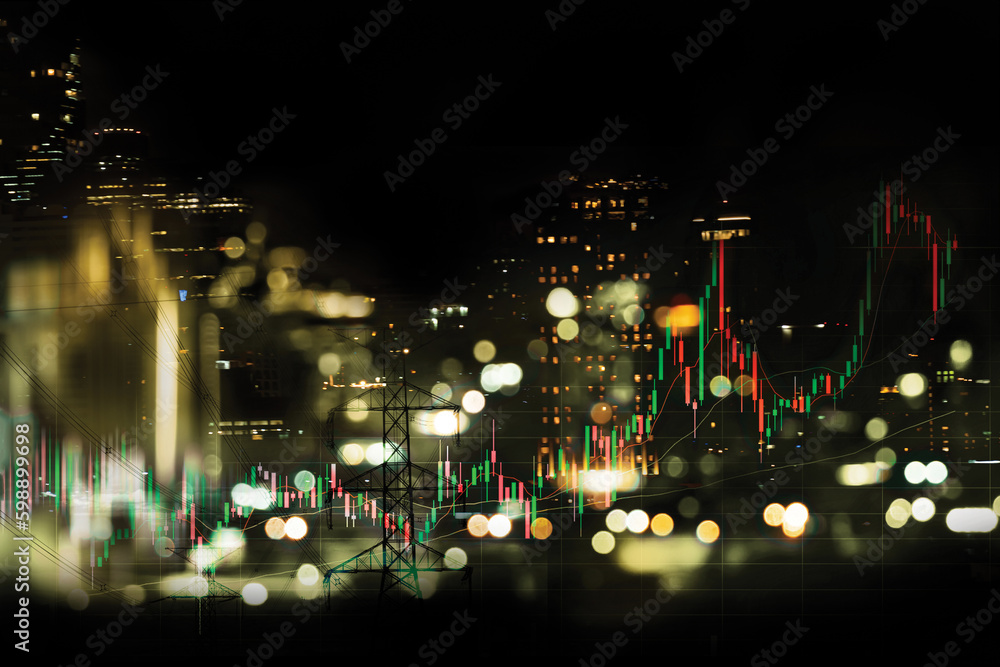 night city light and stock market graph for business background