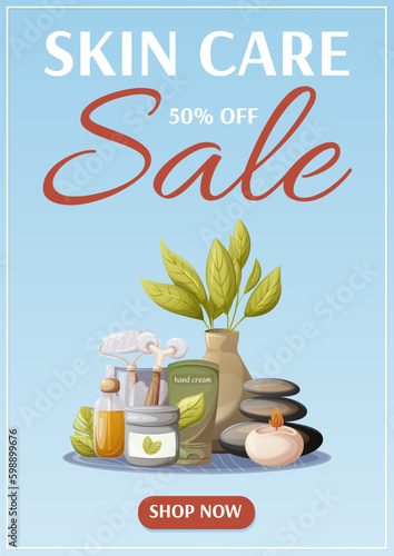 Skin care sale poster. Spa stones, burning candle, vase with leaves, gua sha tools, oil serum, cream. For salon, massage, relaxation. Vector illustration. For advertising, website, banner. a4 format