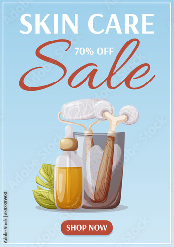 Skin care sale poster. Glass cup with gua sha tools of natural white agate, rose quartz. Oil serum. For salon, massage, relaxation. Vector illustration. For advertising, website, banner. a4 format