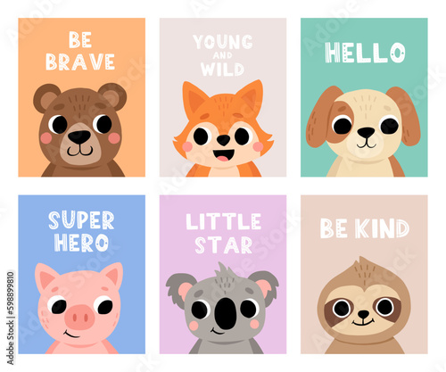 Animal kid card. Cute child greeting and invitation cards for birthday, baby party posters, motivational lettering. Childish print nursery decor. Bright background. Vector doodle characters