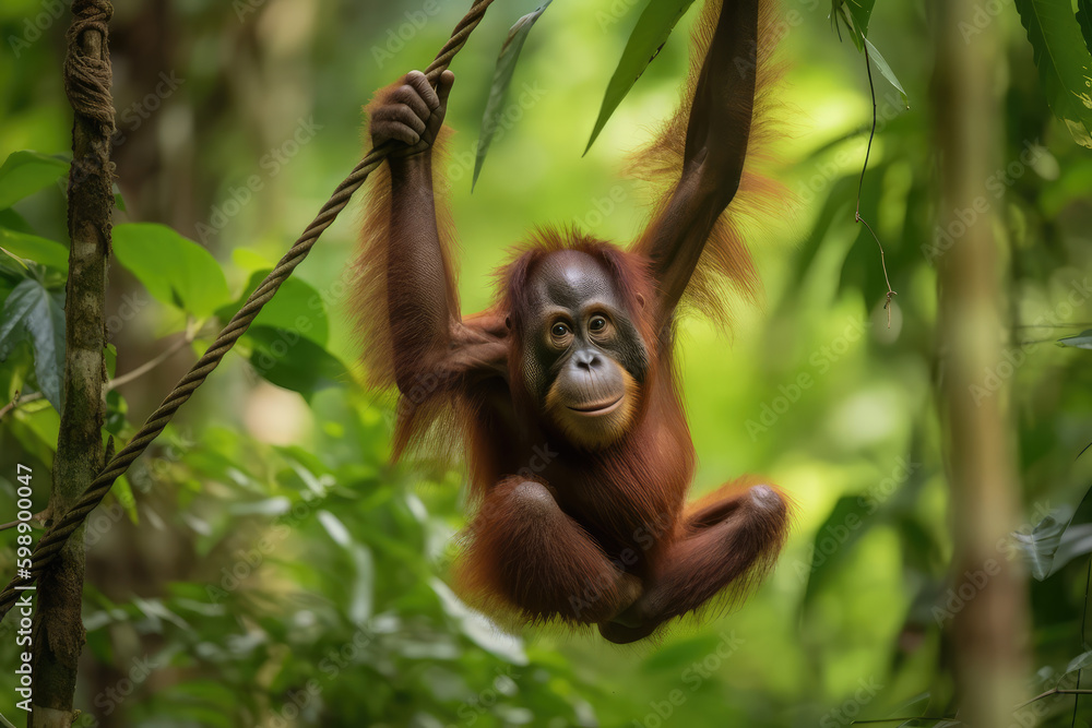 Fototapeta premium An Orangutan Swinging Through the Lush Green Rainforest Canopy, a Symbol of Primate Agility in Their Natural Habitat