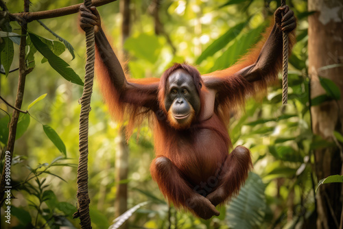 An Orangutan Swinging Through the Lush Green Rainforest Canopy, a Symbol of Primate Agility in Their Natural Habitat