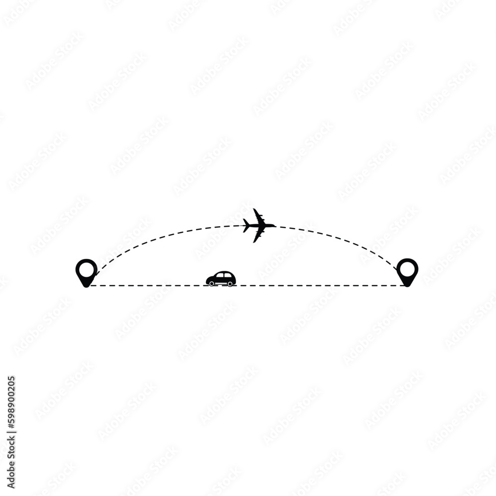 Fototapeta premium Set of dashed line plane car and bicycle route with location icon flat design