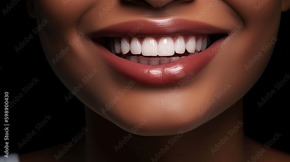 Smiling mouth of an African-American woman with perfect teeth. Generative AI Smiling mouth of an African-American woman with perfect teeth. Generative AI