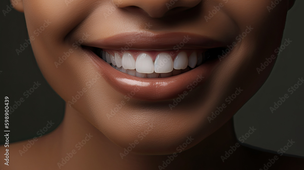 Smiling mouth of an African-American woman with perfect teeth. Generative AI Smiling mouth of an African-American woman with perfect teeth. Generative AI