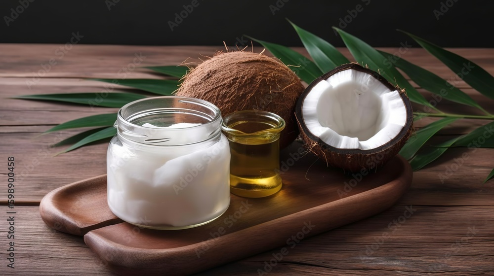 Coconut oil in a jar and fresh coconuts on wooden table, Generative AI