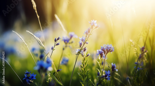 Spring Background with blue flowers with the sun shining on it generative ai © Md.