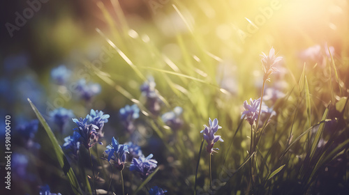 Spring Background with blue flowers with the sun shining on it generative ai photo