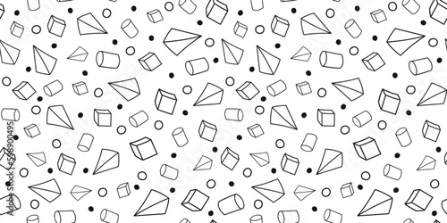 3D geometric shaped hand drawn seamless template. Mathematic geometry endless background. Math illustration.