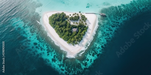 AI Generated. AI Generative. Aerial drone photo realistic illustration of island in heart shape. Paradise adventure vacation tropical vibe. Graphic Art © AkimD
