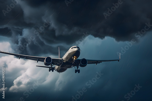 Airplane approach at the airport landing in bad weather storm hurricane rain fall stripes llightning strike. Generative AI
