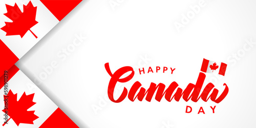 Happy Canada day lettering poster with flags. Vector typography illustration for Happy Canada Day with red maple leaf on flag