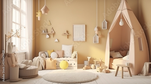 Cozy beige children room interior background. Generative Ai