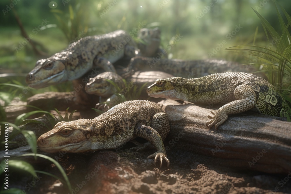 A detailed illustration of a group of reptiles, such as snakes or lizards, in their natural environment, Generative AI