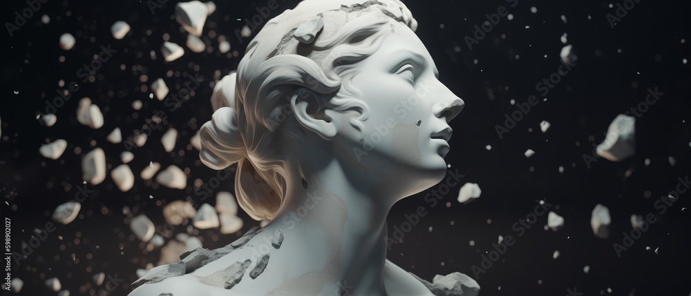 Broken ancient Greek statue head falling apart into piecesmonitors. Generative AI