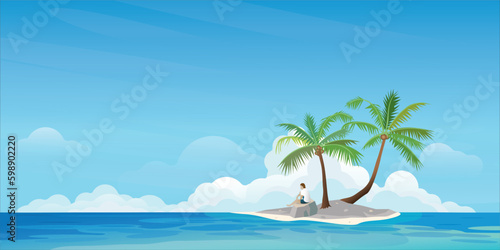Fototapeta Naklejka Na Ścianę i Meble -  Small tropical island and palm trees with a shipwrecked man flat design. Travel concept vector illustration background with blank space.