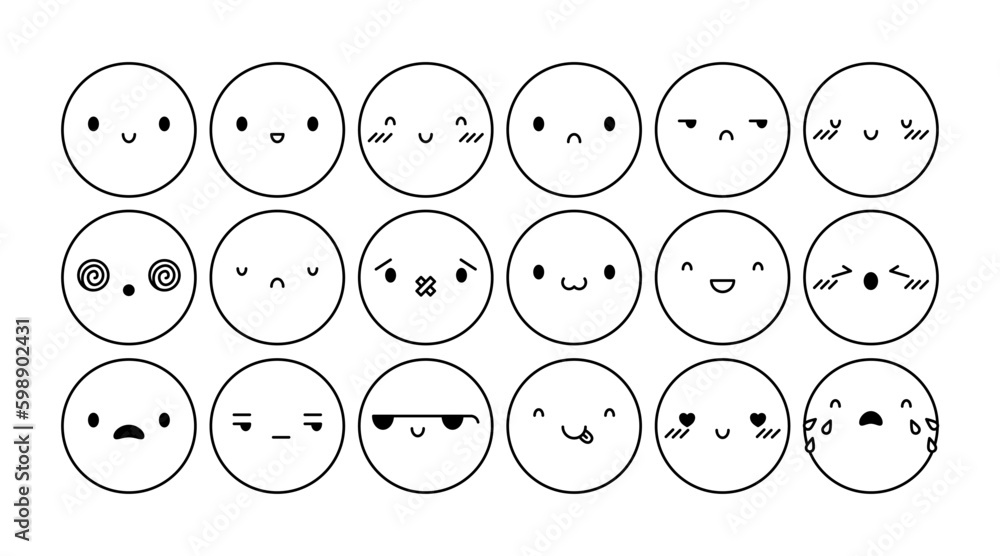 Vector kawaii emoji with different emotions set. Round cute faces with different emotional expressions isolated. Line happy, neutral, crying, excited and cool cute faces for social media Vector kawaii emoji with different emotions set. Round cute faces with different emotional expressions isolated. Line happy, neutral, crying, excited and cool cute faces for social media