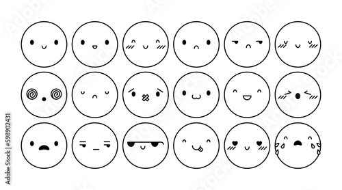 Vector kawaii emoji with different emotions set. Round cute faces with different emotional expressions isolated. Line happy, neutral, crying, excited and cool cute faces for social media