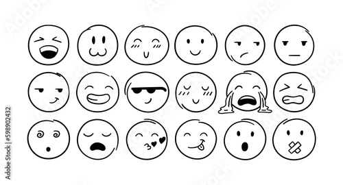 Vector hand drawn doodle emoji with different emotions set. Round cute faces with different emotional expressions isolated. Line happy, neutral, crying, excited and cool cute faces for social media