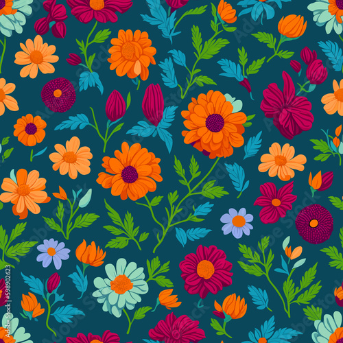 Trendy seamless vector floral pattern. Seamless print from large realistic flowers. A bouquet of chrysanthemums flowers from the garden. © Ana