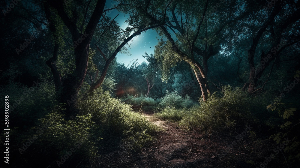 fantasy night with light moon. Generative AI fantasy night with light moon. Generative AI