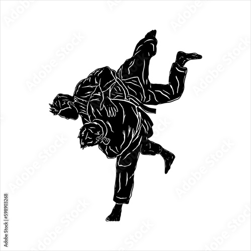 illustration silhouette jiu jitsu fighter throw opponent in battle